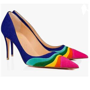 FOWT Rainbow Rainbow Color Stripes High Heel Pumps Slip on Pointed Toe Shoes